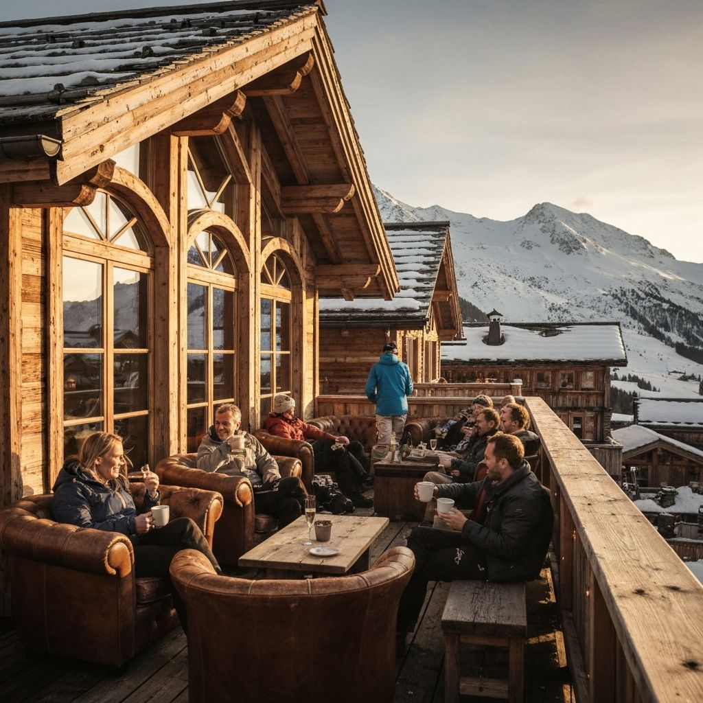 Gezellige apres-ski sfeer op een bergterras