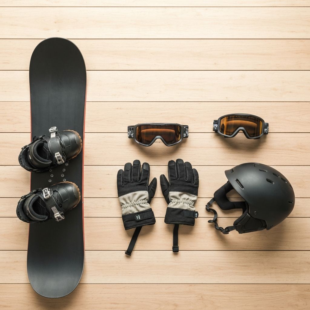Snowboard uitrusting op een houten tafel